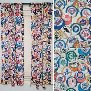 VTG MLB Curtain Panels 1994 Baseball Team Ball Logo Print Bibb Company Pair Set